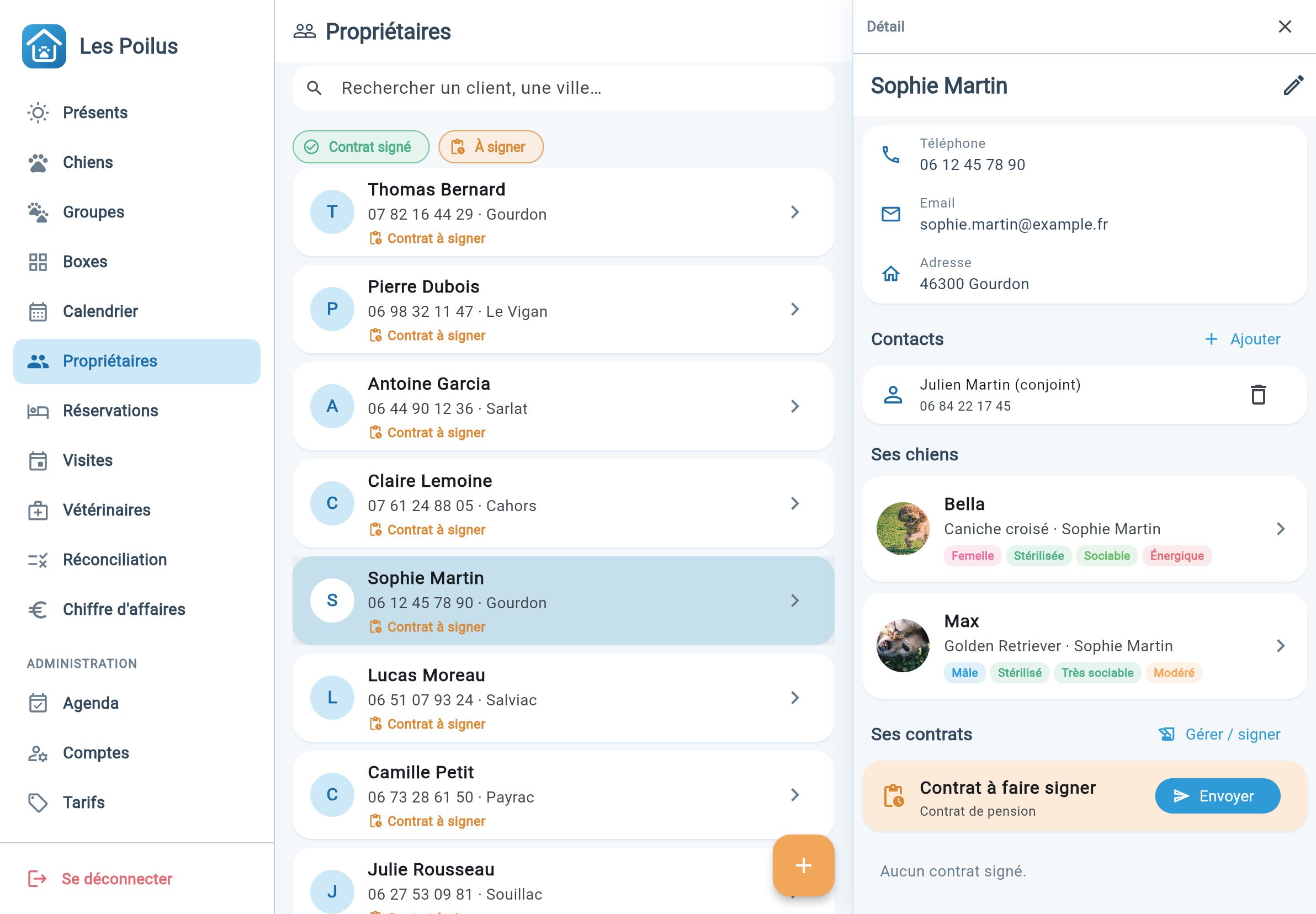 Fiche client : contacts, chiens, et contrat à faire signer avec envoi du lien de signature