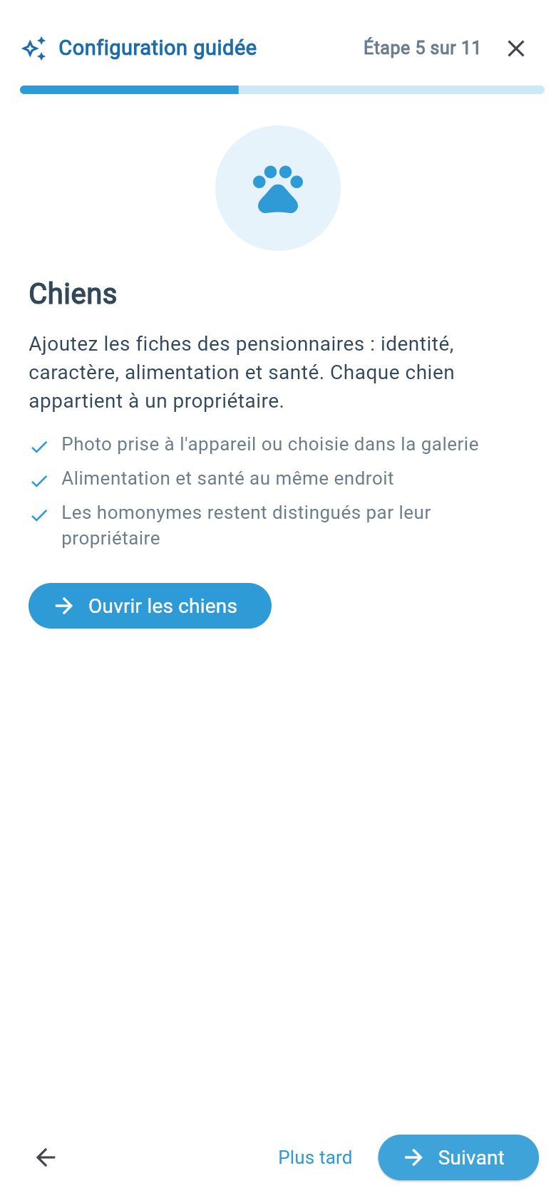 Le même parcours guidé en plein écran sur mobile, à l'étape Chiens