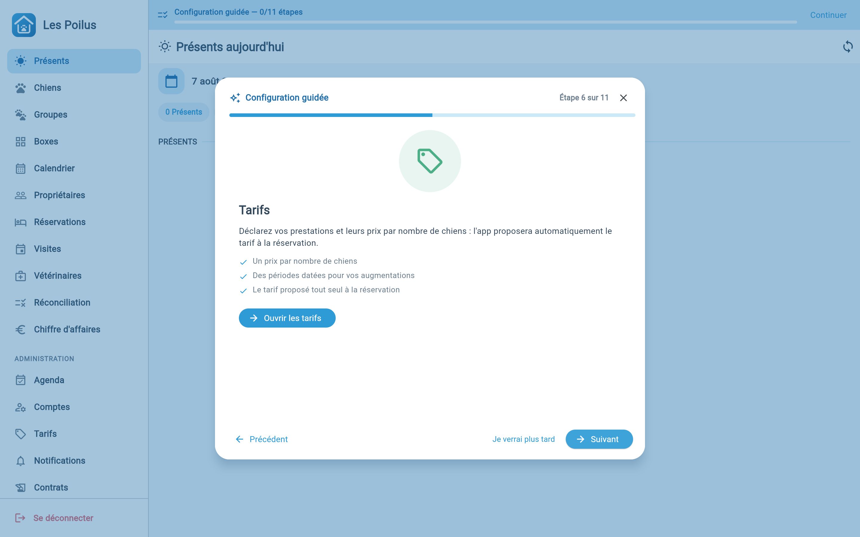 Le parcours guidé s'ouvre en fenêtre au-dessus du back-office web, à l'étape Tarifs